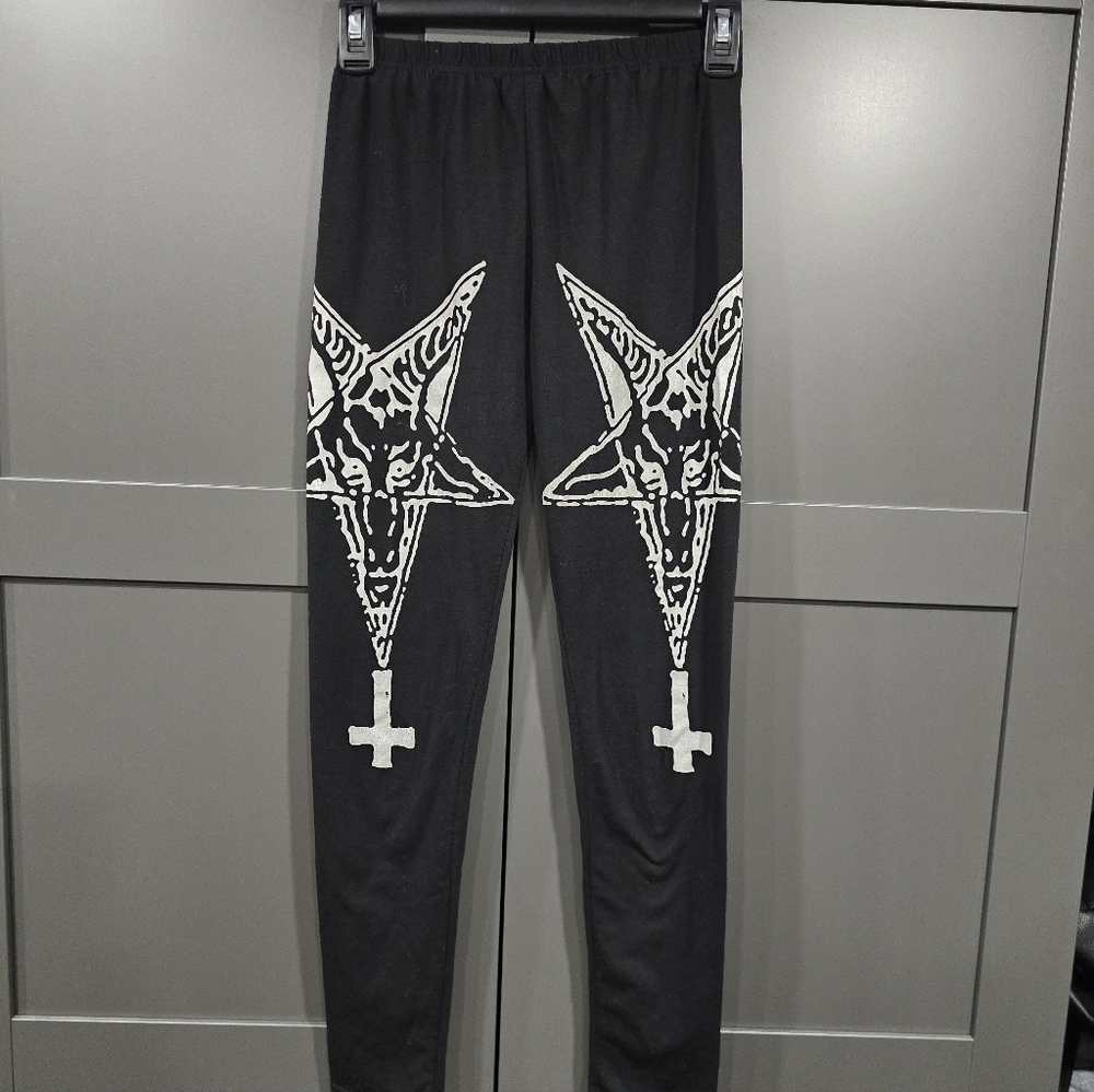Black Baphomet Pentagram Inverted Cross Satanic Goth Leggings